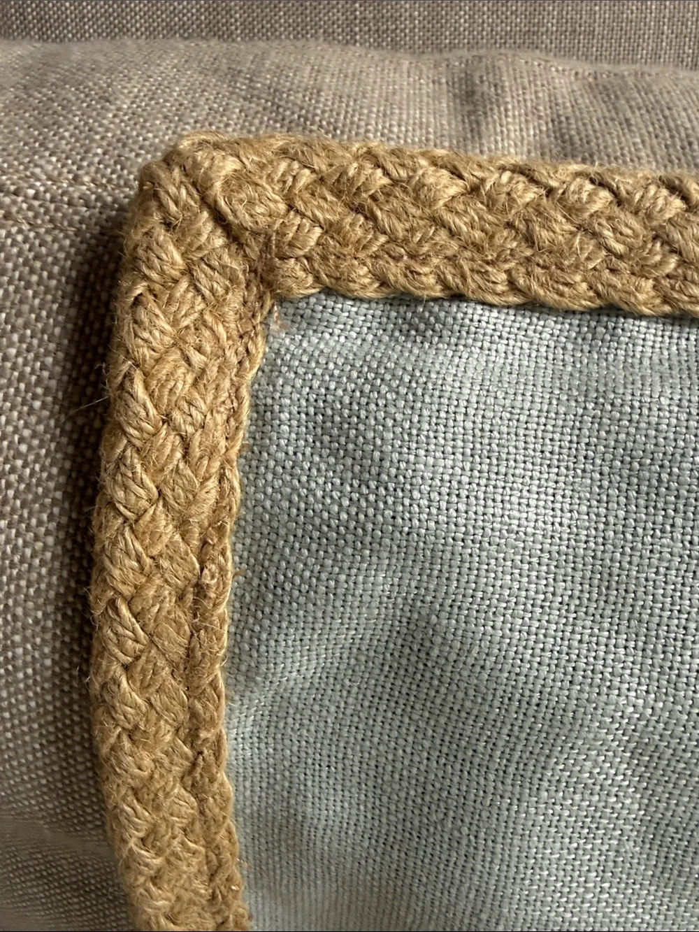 Light Blue Linen Throw Pillow Cover with Braided Tan Trim